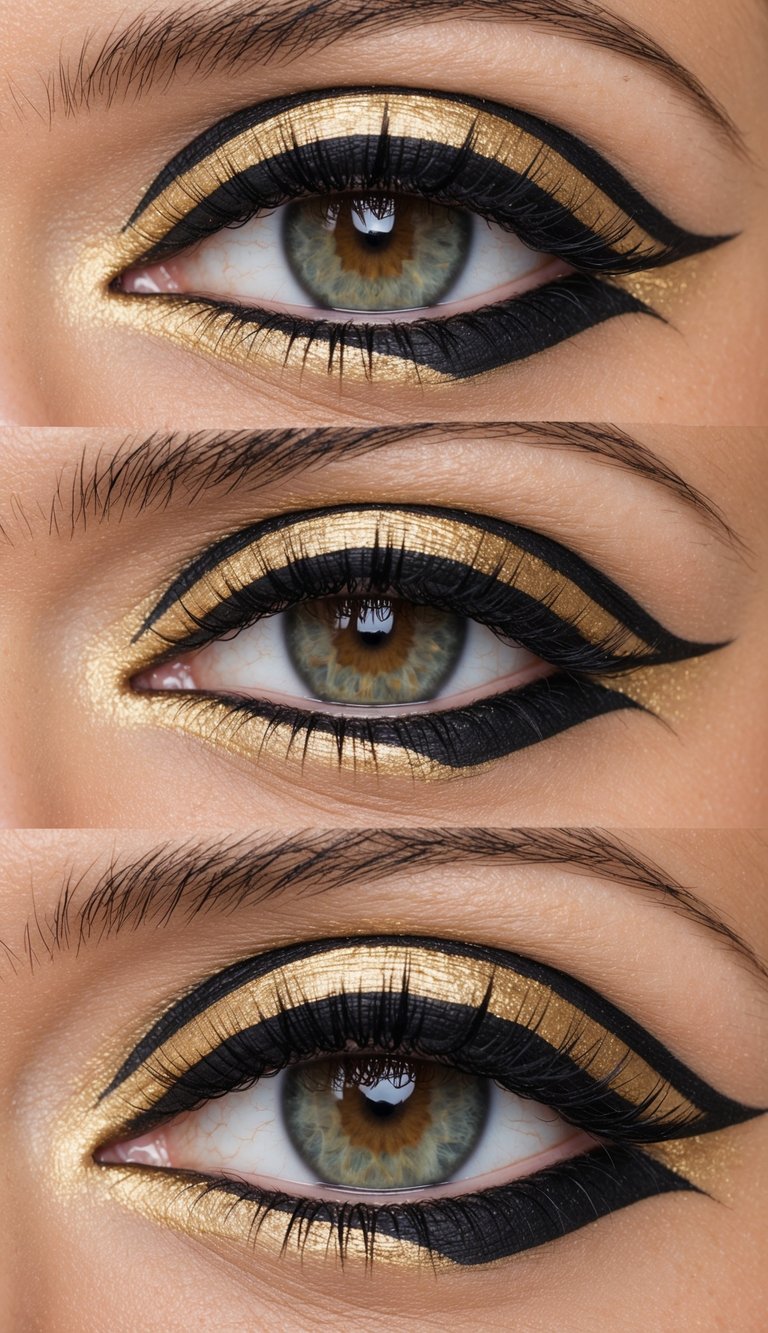 A close-up of a bold gold eyeliner look with sharp graphic lines, complemented by a striking bold lip