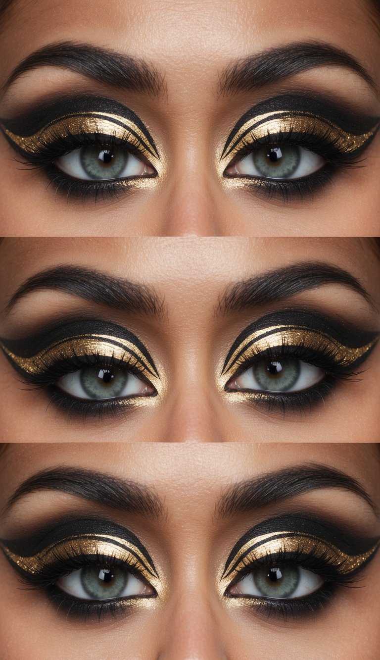 A close-up of a striking gold eyeliner design with sharp graphic lines