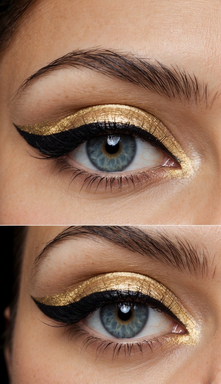 A close-up of an eye with a dramatic gold eyeliner wing, sharp and precise, against a dark background