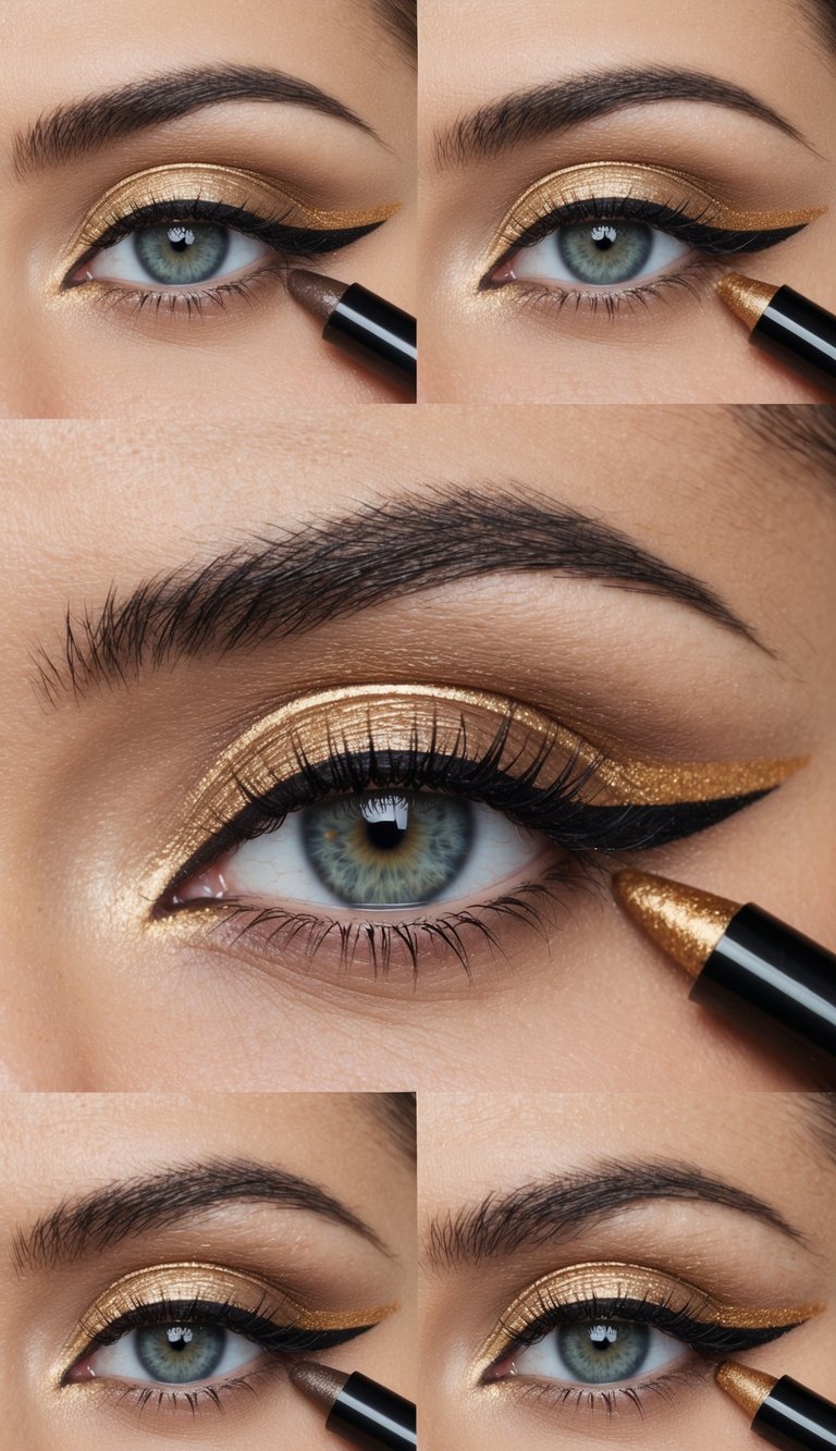 A close-up of a bronzed gold liner creating sharp graphic lines on the eyelids, with various eye makeup ideas surrounding it