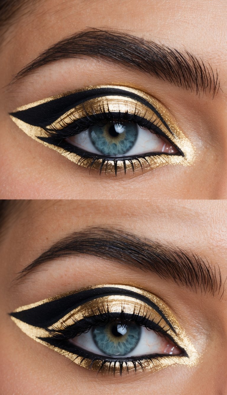 A close-up of a futuristic gold eyeliner design with sharp graphic lines