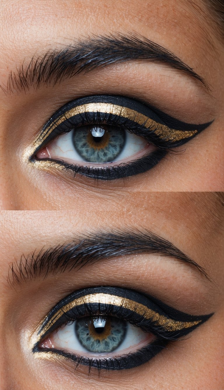Close-up of an eye featuring dramatic makeup with black eyeliner and a metallic gold eyeshadow accentuating the eyelid, creating a bold and artistic look.