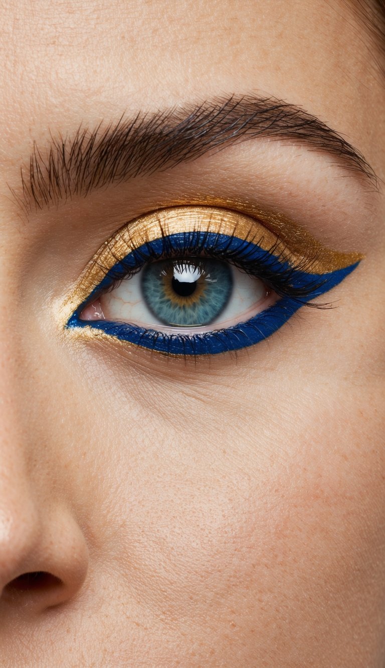 A close-up of a striking eye with bold gold and blue contrast eyeliner, creating a sharp and eye-catching makeup look