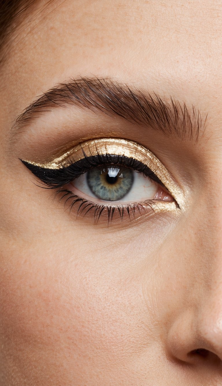 A close-up of an eye with understated gold eyeliner, sharp graphic lines, and a subtle shimmer