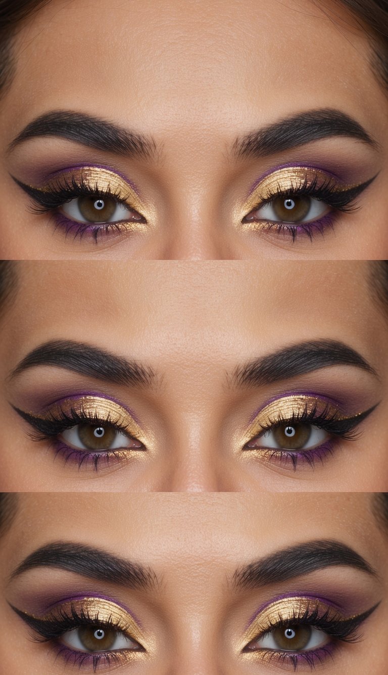 A close-up of a gold and purple fade eyeliner look with sharp graphic lines