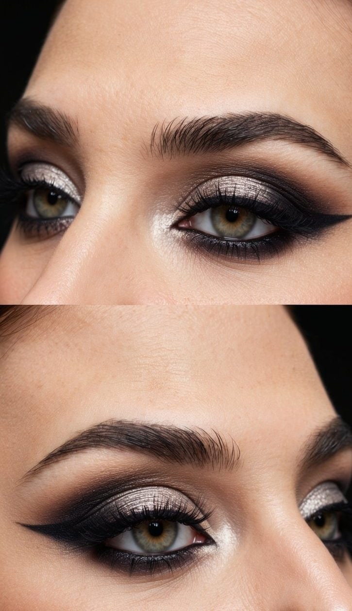 A close-up of a sleek, smoky eye makeup look with subtle shimmer and defined lines