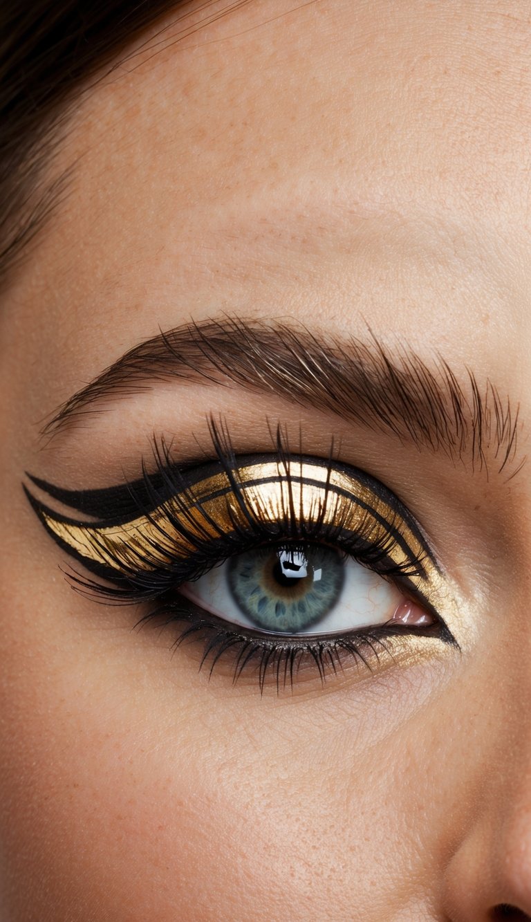 A close-up of a striking eye with opulent gold feather eyeliner, sharp graphic lines, and intricate details