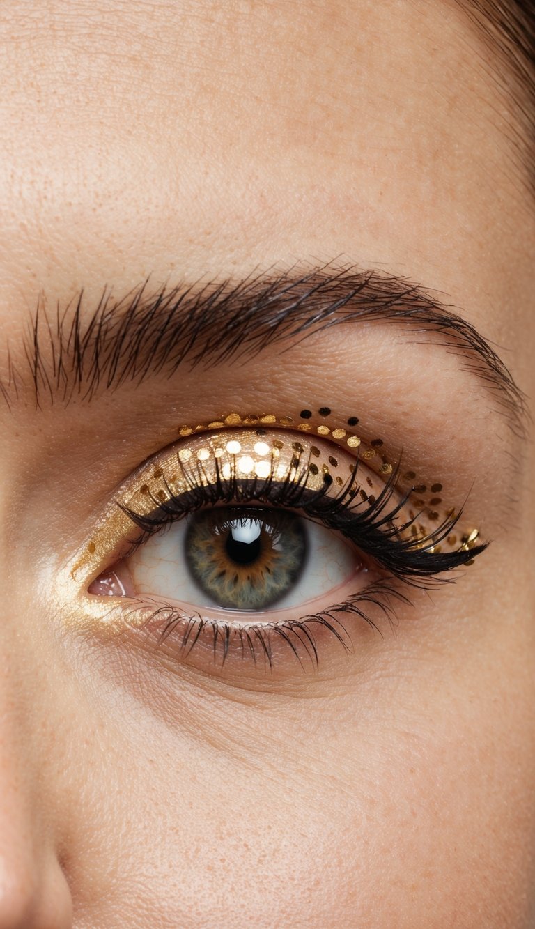 A close-up of an eye with precision gold eyeliner, surrounded by luxe gold dots