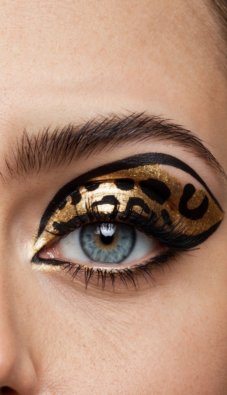 A close-up of a leopard print gold eyeliner design with sharp graphic lines