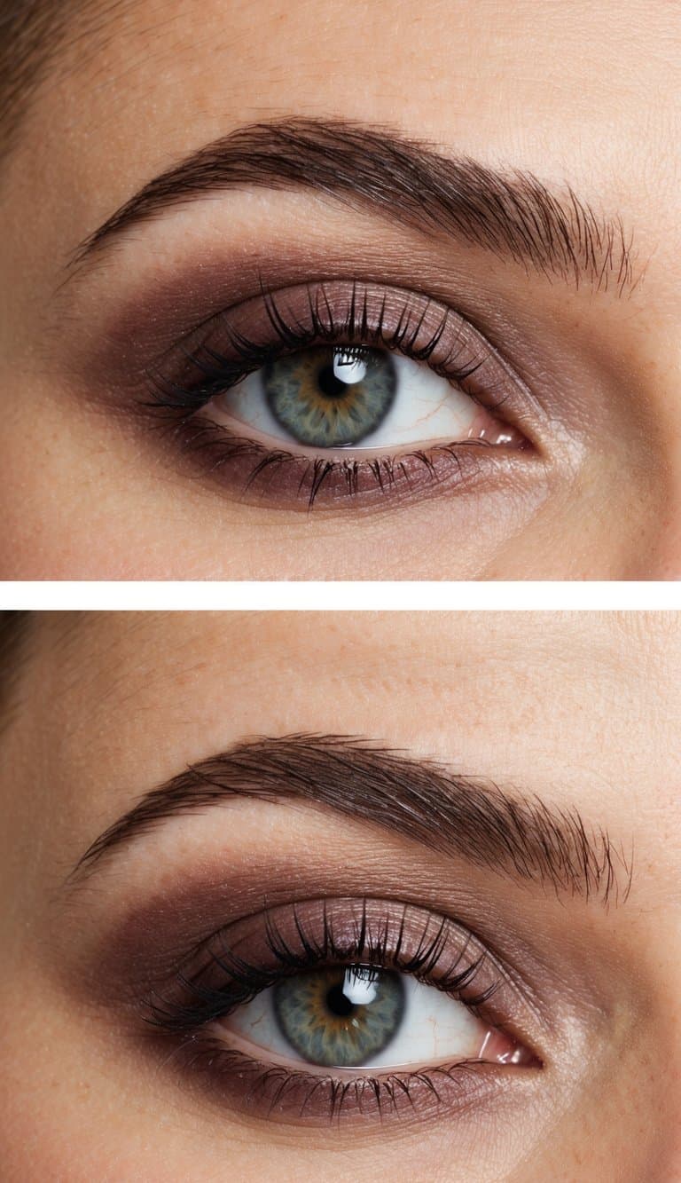 A close-up of a sophisticated eye with a matte mauve blend, polished and elegant