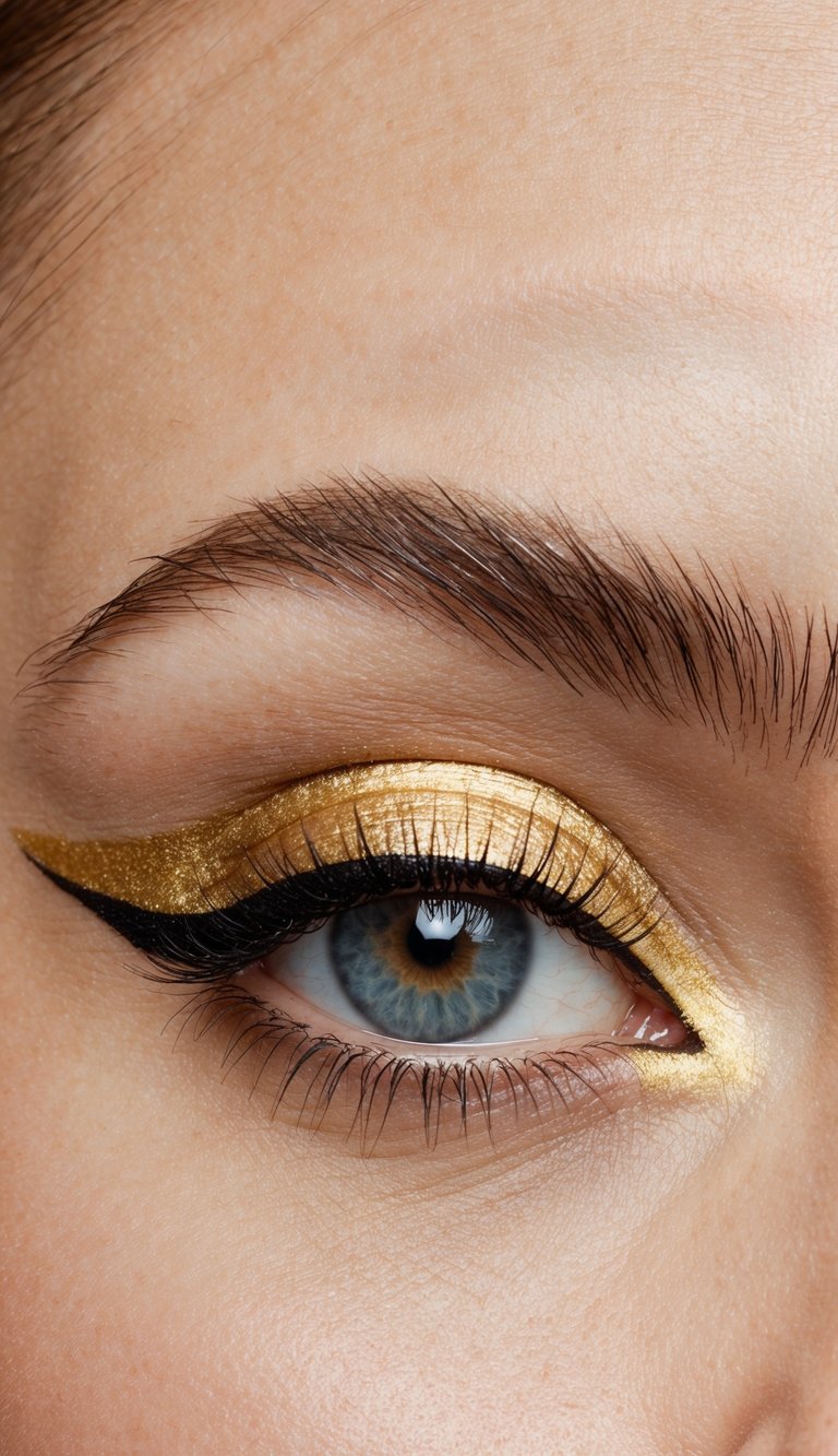 A close-up of a golden eyeliner stroke on a smooth surface, with sharp, precise lines and intricate details