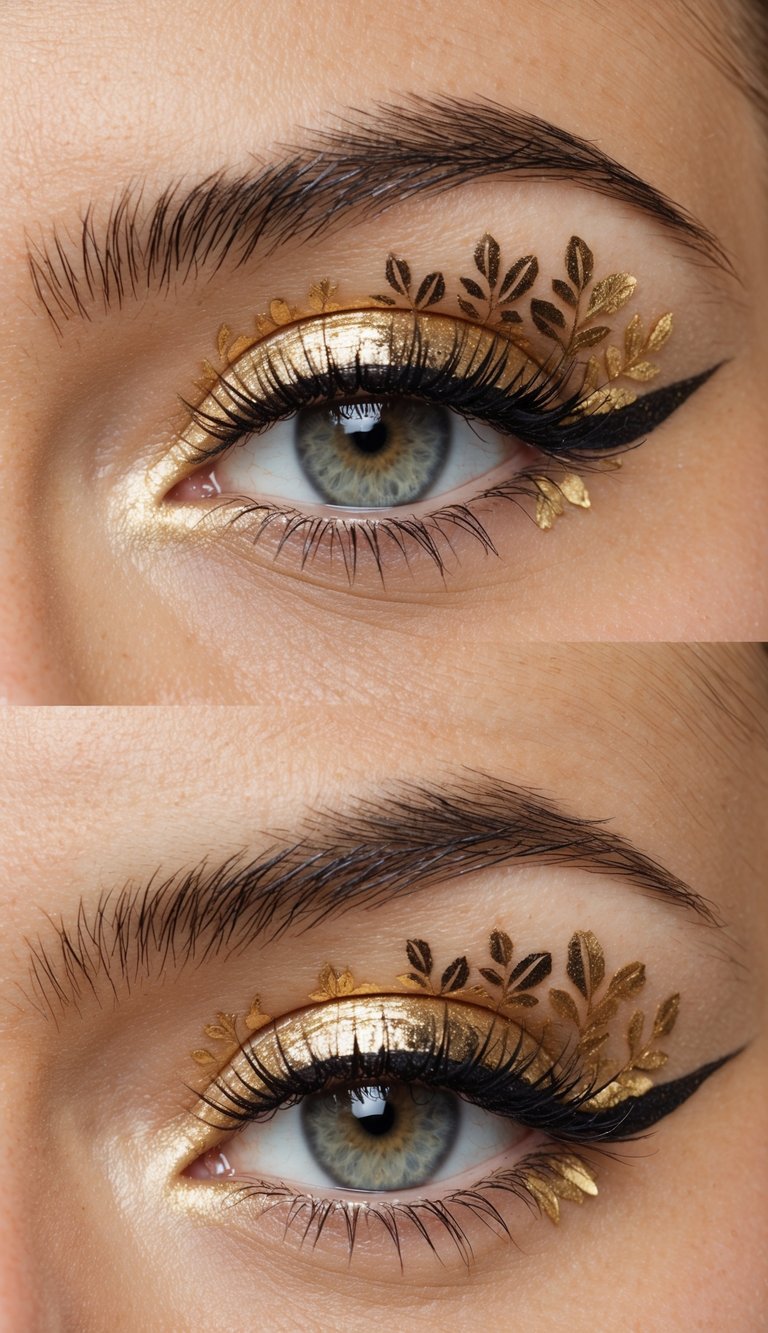 A close-up view of delicate gold floral patterns created with gold eyeliner on a neutral background