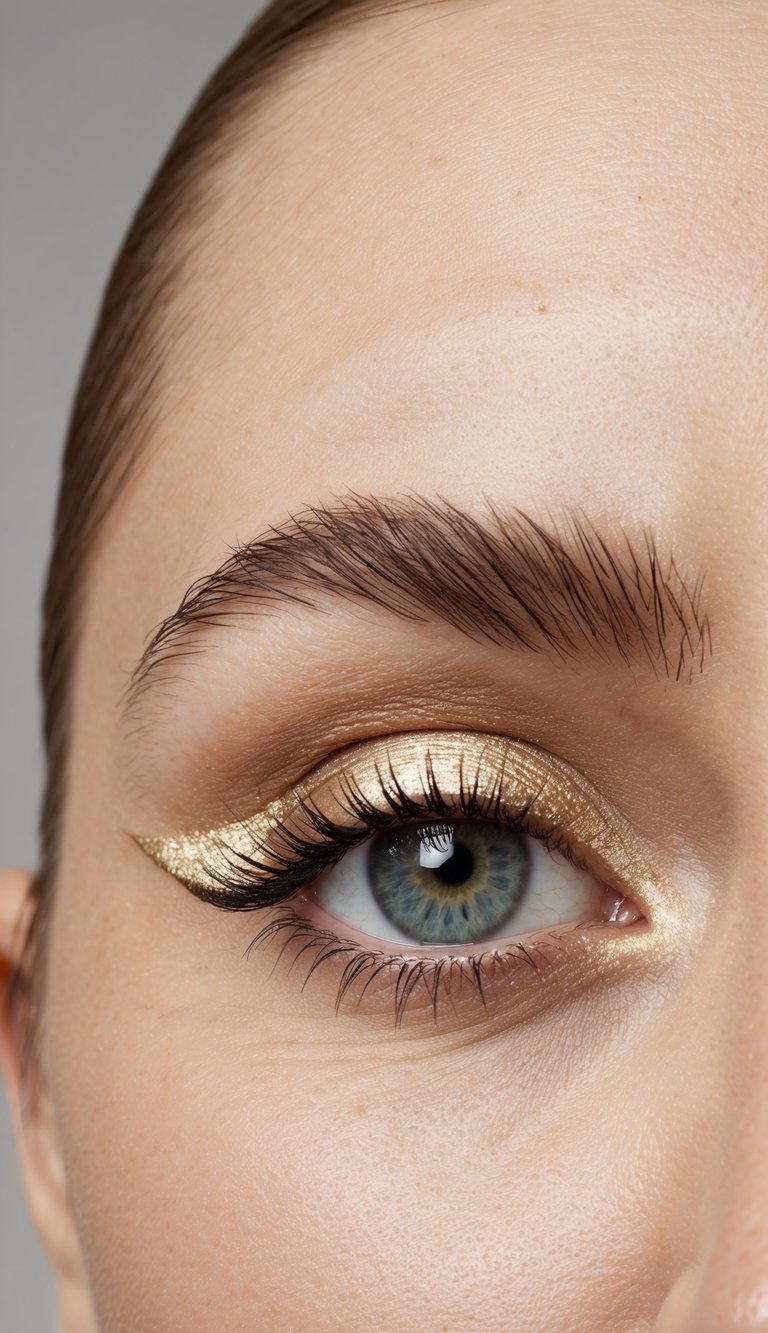 A close-up of a single eye with a pale gold flick of eyeliner, sharp and precise, against a neutral background