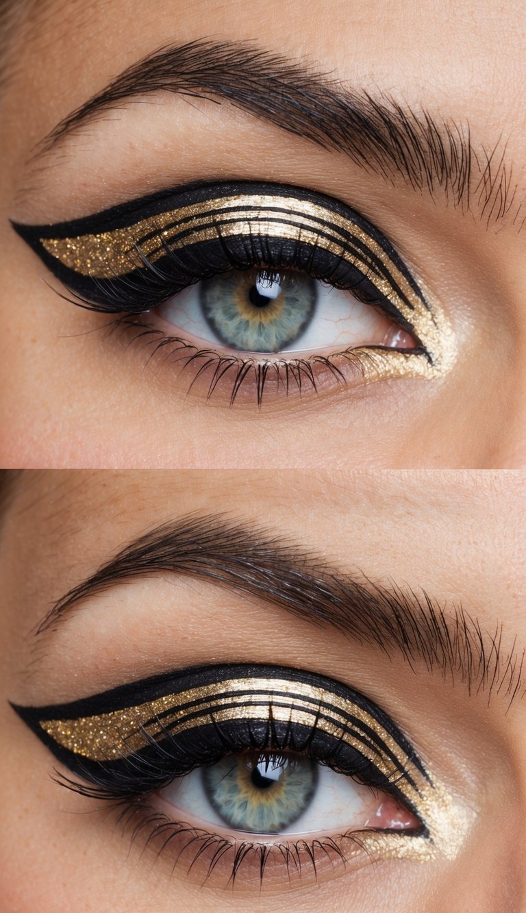 A close-up of an eye with intricate gold eyeliner, sharp graphic lines, and eye-catching details