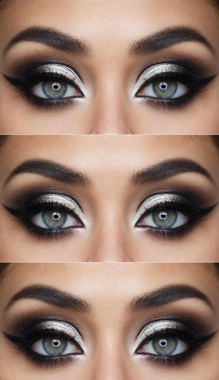 A close-up of a pair of eyes with sophisticated and polished eye makeup, featuring sleek lines and subtle grunge elements