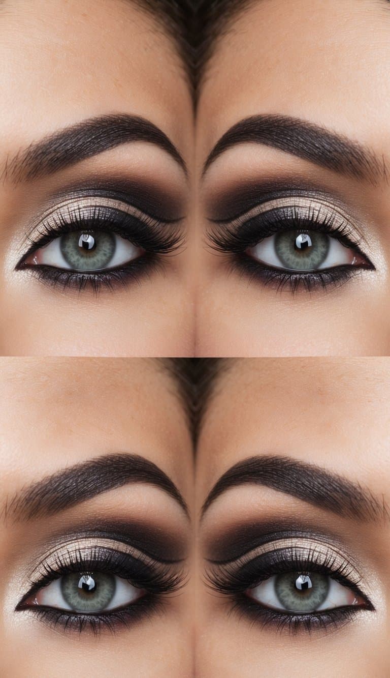 A close-up of a pair of eyes with sophisticated and polished makeup, featuring sleek lines and bold colors