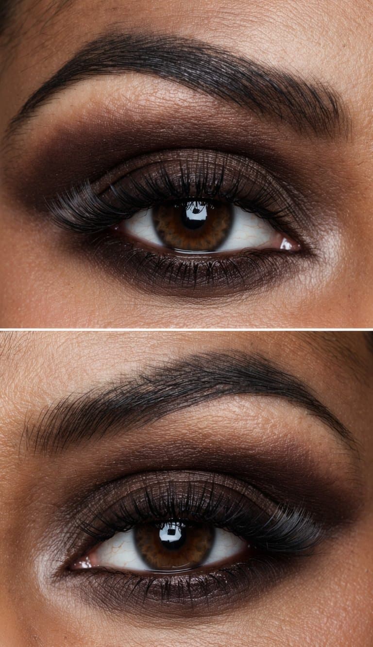 A close-up of a deep chocolate winged eye makeup look, with polished and sophisticated details