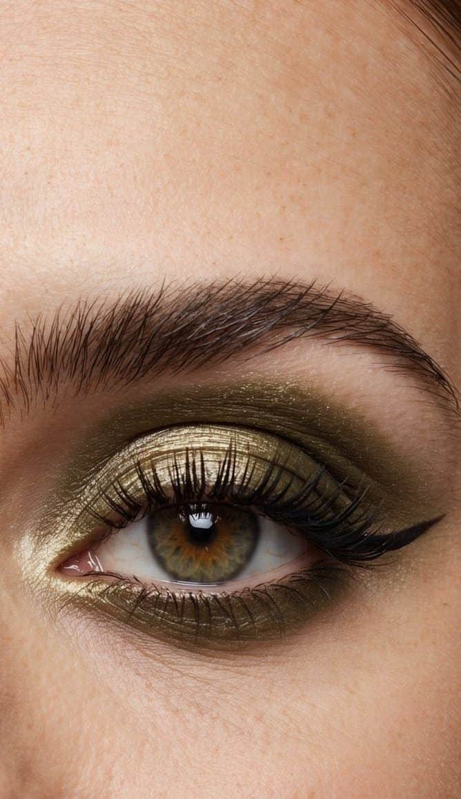 A close-up of metallic olive eye makeup with sleek and polished lines