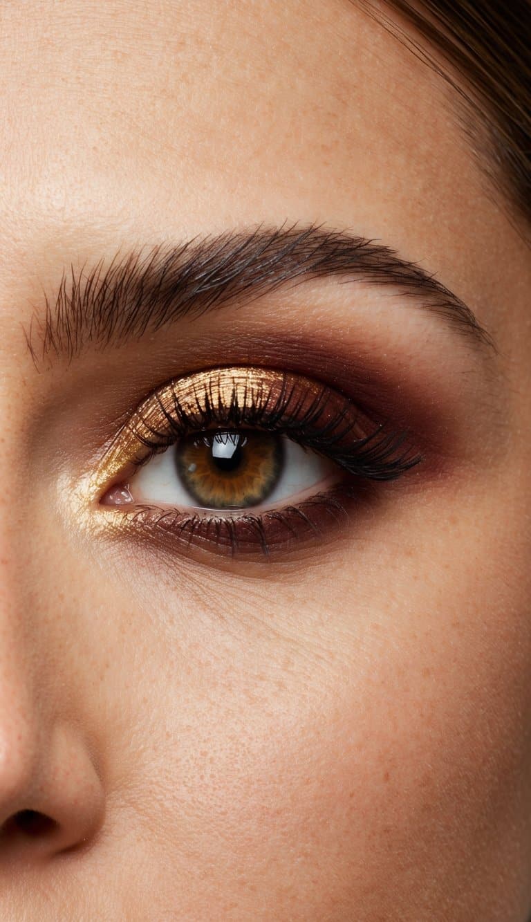 A close-up of a glamorous eye with sleek, polished makeup in shades of garnet and gold, exuding sophistication and elegance