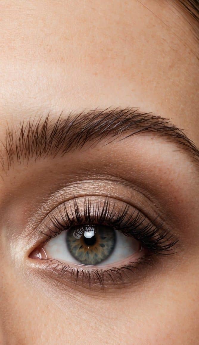A close-up of elegant, taupe-colored eye makeup with a glossy finish, showcasing sophisticated and polished designs