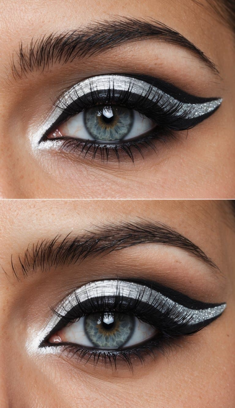 A close-up of a pair of eyes with sophisticated and polished eye makeup, featuring silver lining accents