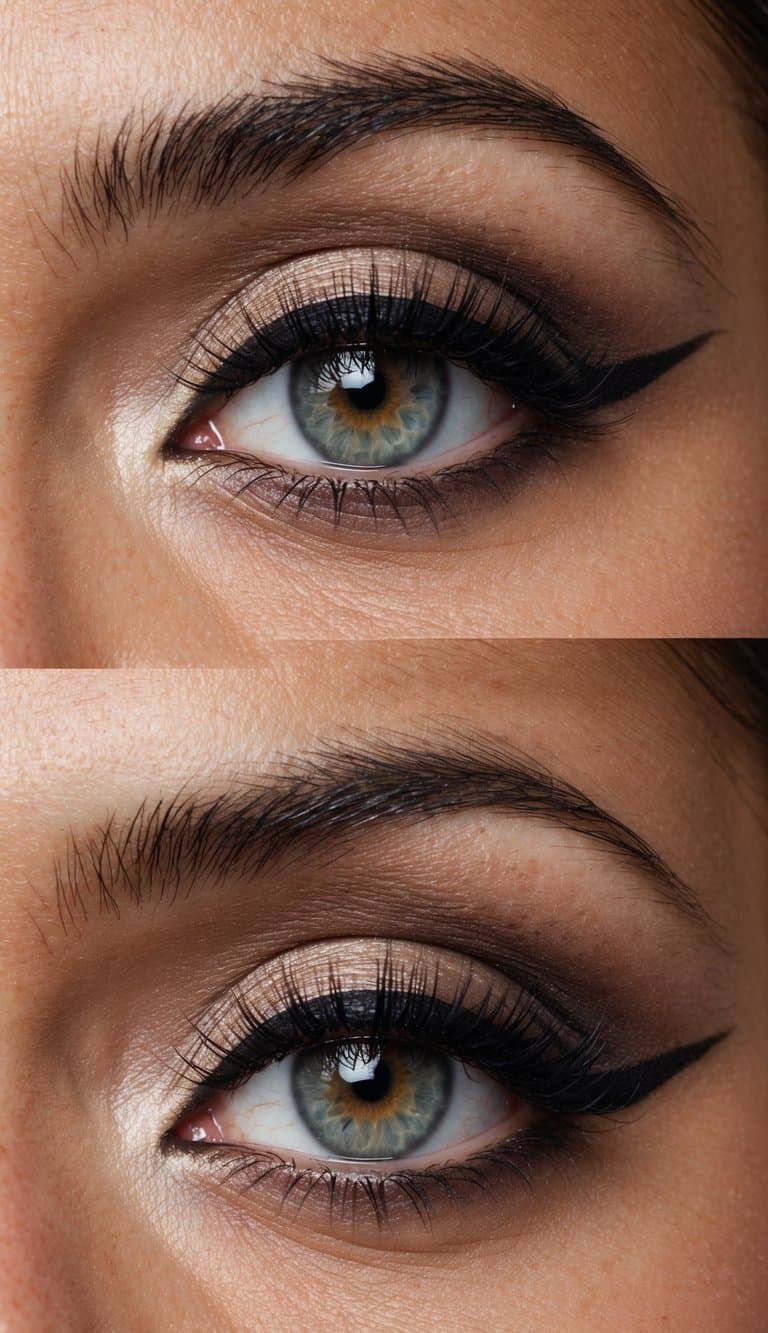 A woman's eye with a sophisticated and polished makeup design, set against a dusky horizon
