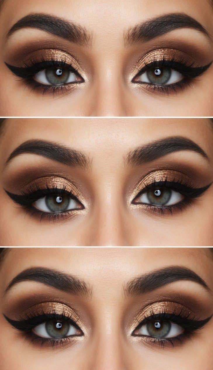 A close-up of a glamorous brown-toned smokey eye makeup look with shimmering eyeshadow and defined eyeliner