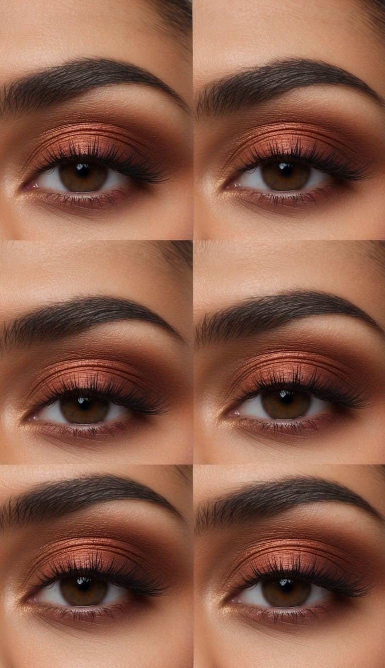 A sleek and modern makeup palette with rich, warm brown tones arranged in a gradient pattern