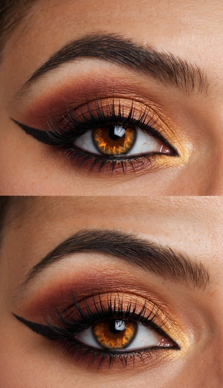 A dessert sunset with rich, warm colors blending into a polished, sophisticated eye makeup design