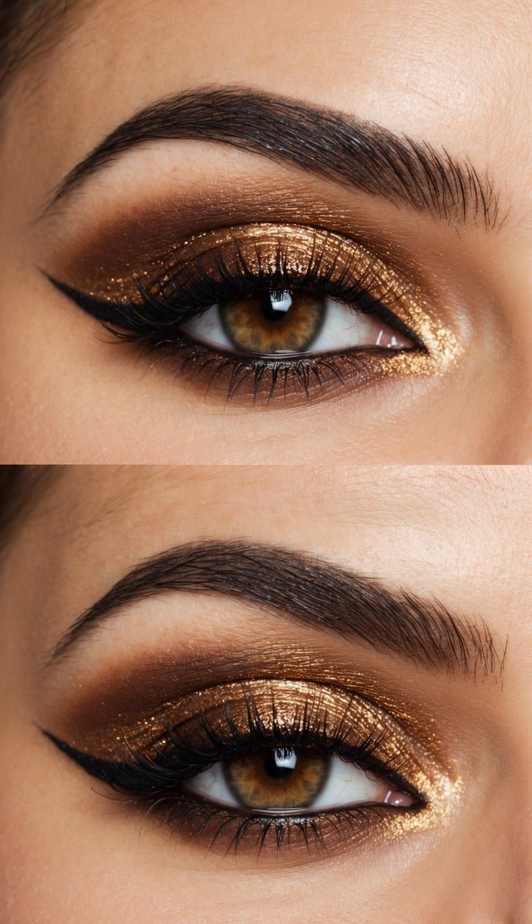 A close-up of a glamorous brown-toned smokey eye makeup look with a golden bronze shimmer