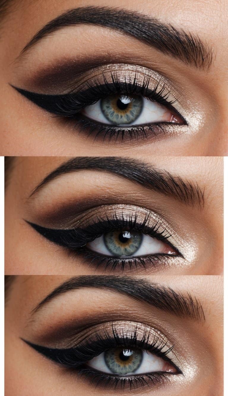 A close-up of a sleek and elegant eye with intricate and polished makeup designs