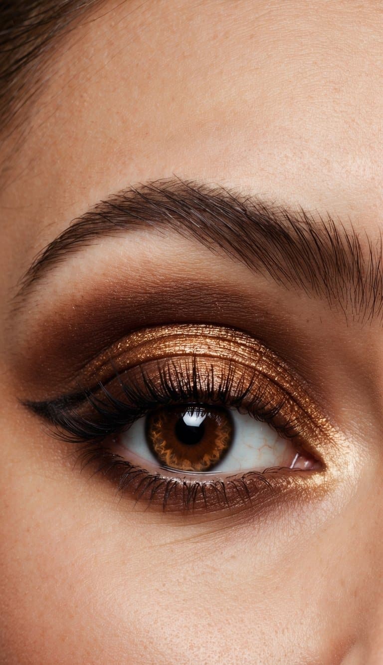 A close-up of a glamorous brown-toned smokey eye with a copper glow accent