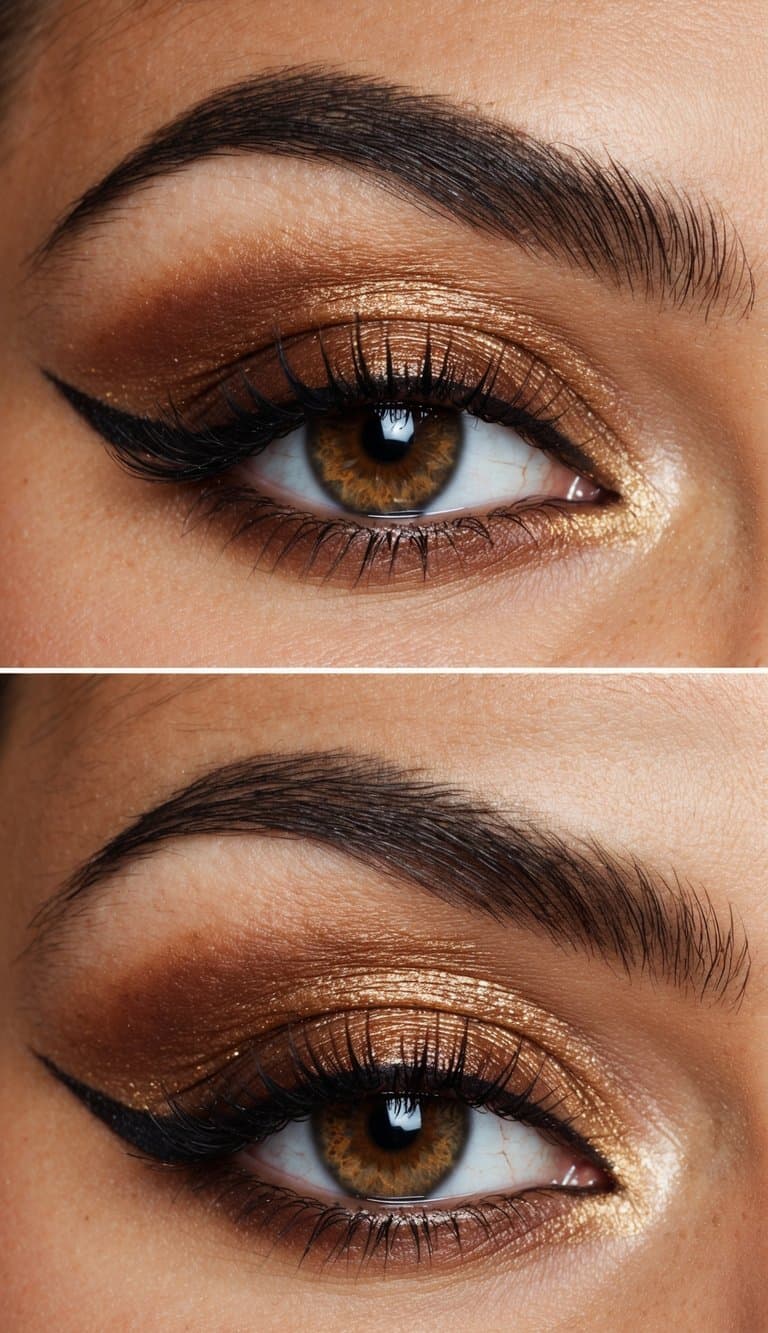 A close-up of a glamorous eye with a toffee-colored smokey eye look, featuring rich brown tones and a shimmering finish