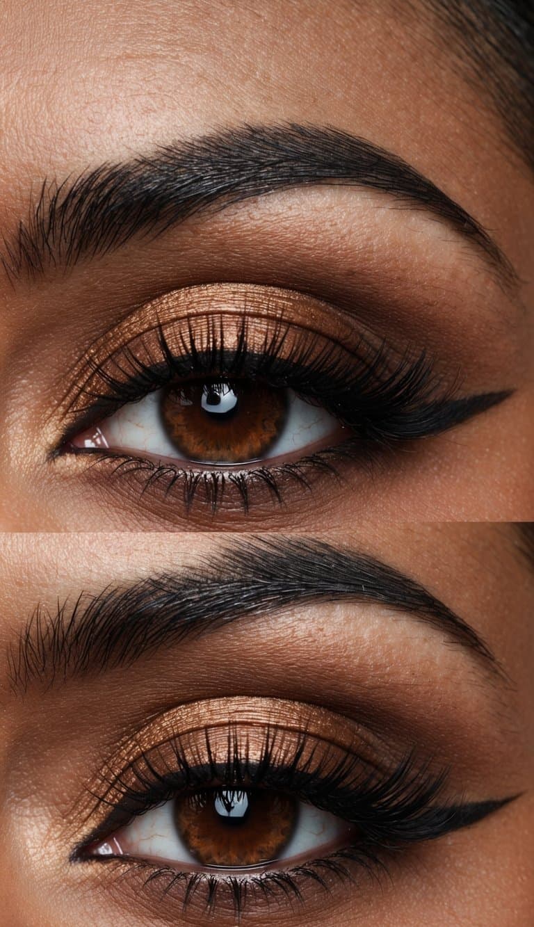A close-up of a rich cocoa winged eye with glamorous brown-toned smokey makeup
