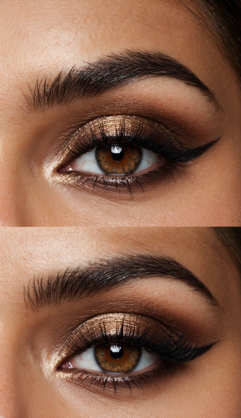 A metallic root beer glint illuminates a chic and sophisticated brown-toned smokey eye makeup look
