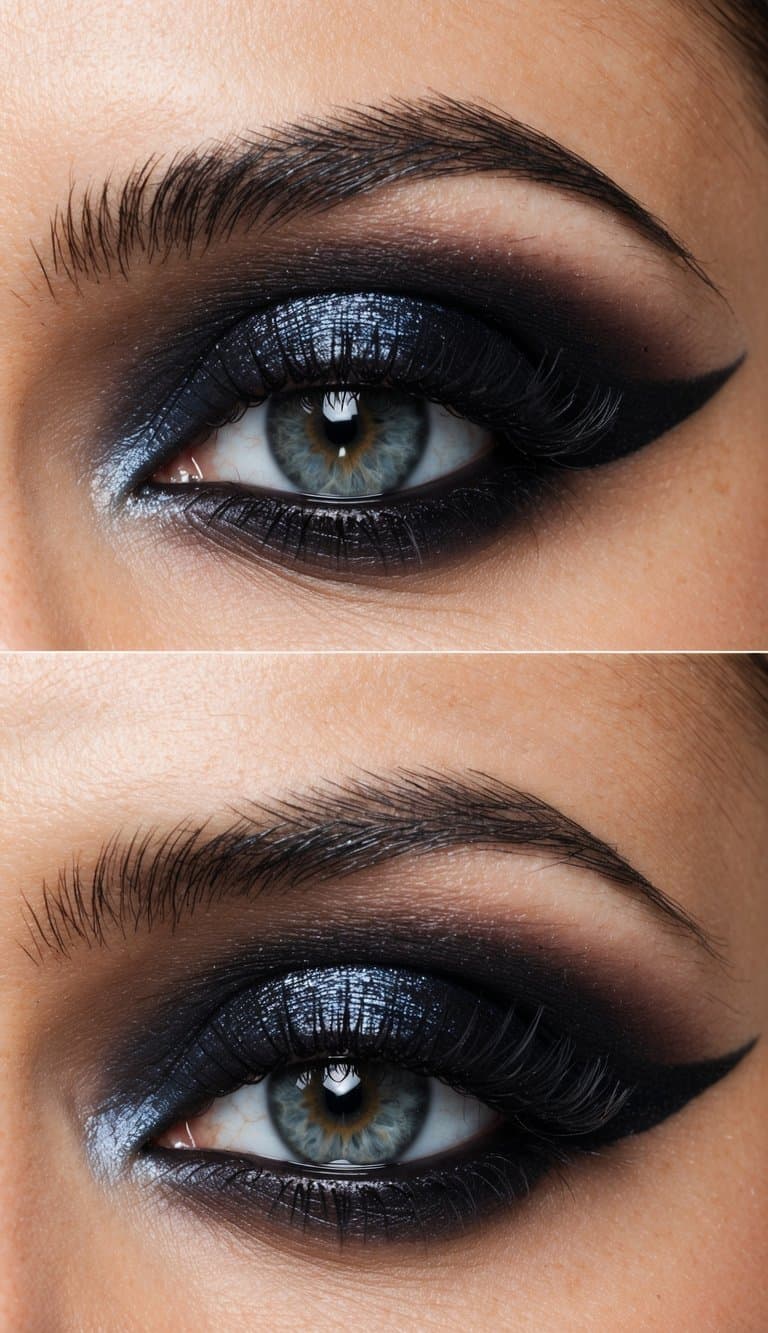 A close-up of a sleek and polished eye with shimmering onyx luster, showcasing sophisticated and formal makeup design