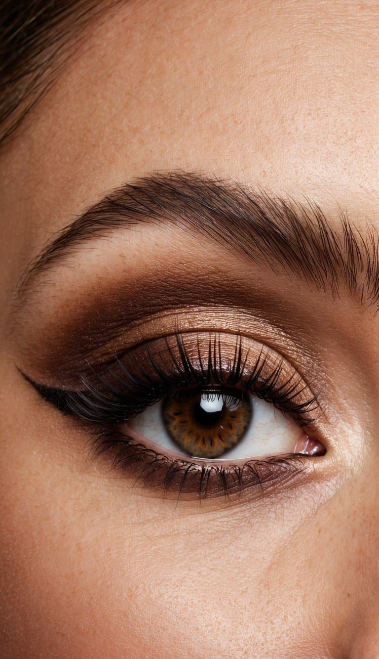 A close-up of a glamorous eye with a chocolate mocha gradient smokey eye makeup look