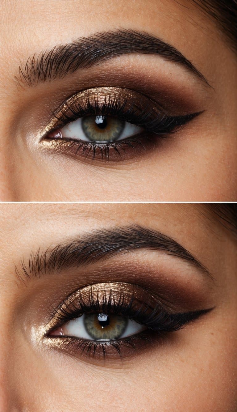 A close-up of a glamorous brown-toned smokey eye makeup look with shimmering and matte shades, creating a chic and sophisticated appearance