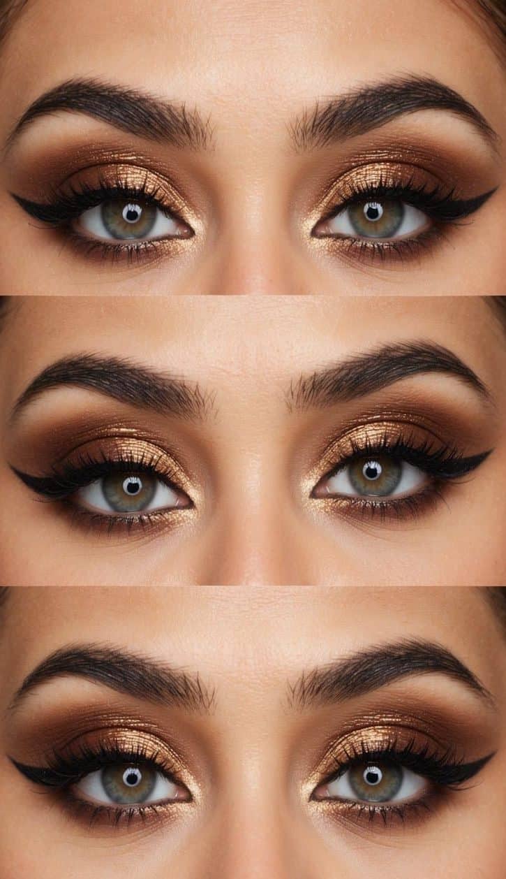 A close-up of a hazelnut-toned smokey eye look with glimmering accents