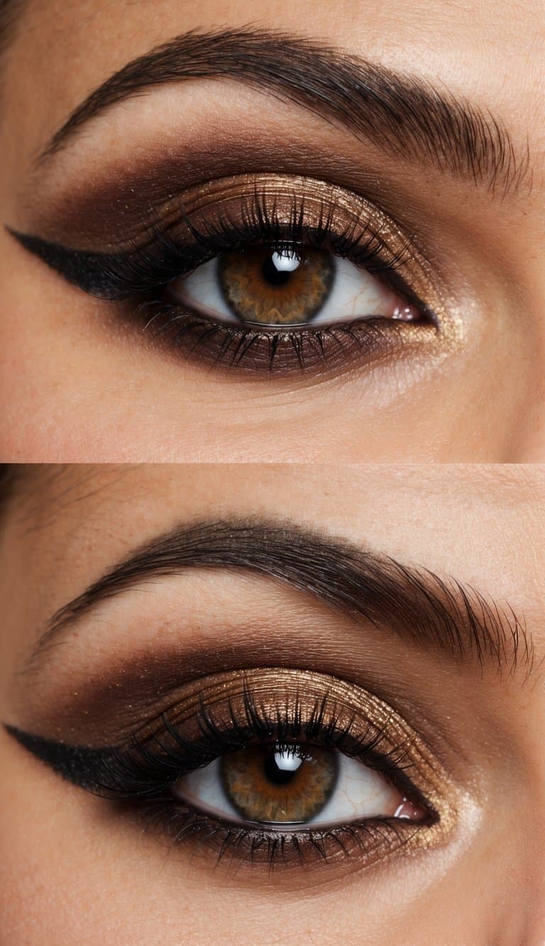 A close-up of a glamorous eye with sepia-toned smokey makeup, featuring layers of brown eyeshadow and a hint of shimmer
