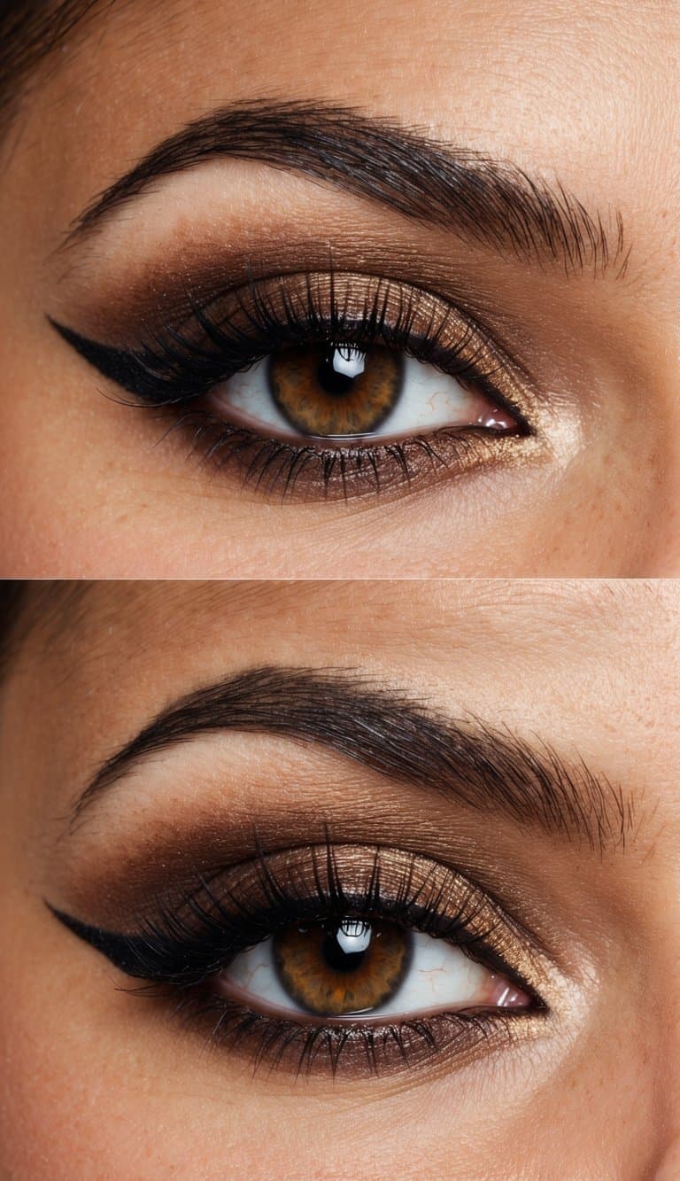 A close-up of a glamorous eye with sleek brown-toned smokey makeup, featuring chic and sophisticated details