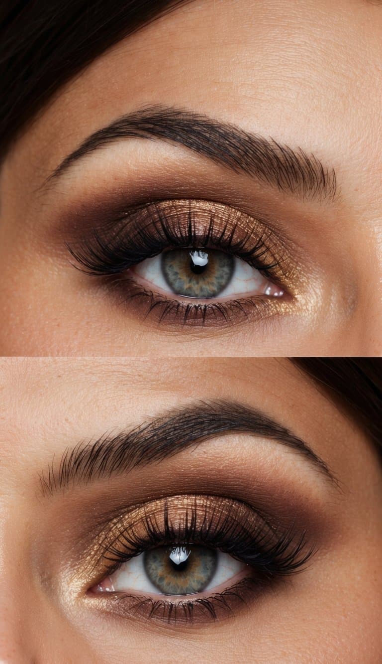 A woman's eye with a bronze-toned smokey makeup look, surrounded by soft twilight hues