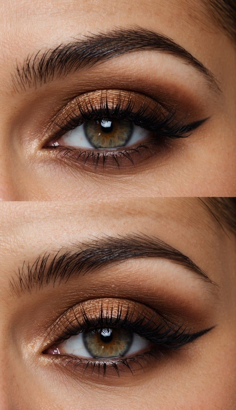 A close-up of a glamorous eye with a burnished sienna blend of brown eyeshadow, creating a chic and sophisticated smokey eye look