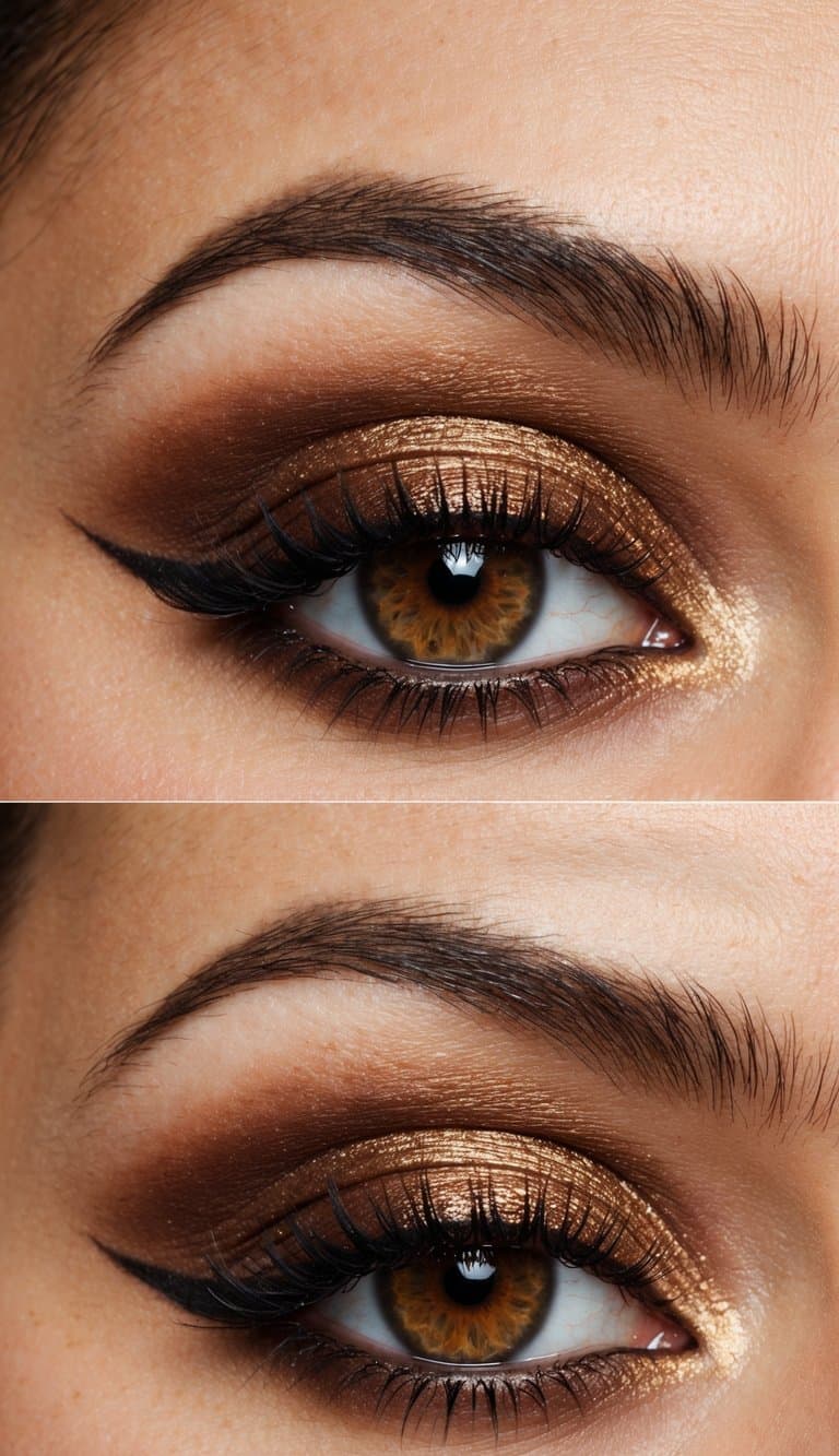 A close-up of a glamorous eye with a glowing Java glaze-inspired brown-toned smokey makeup look