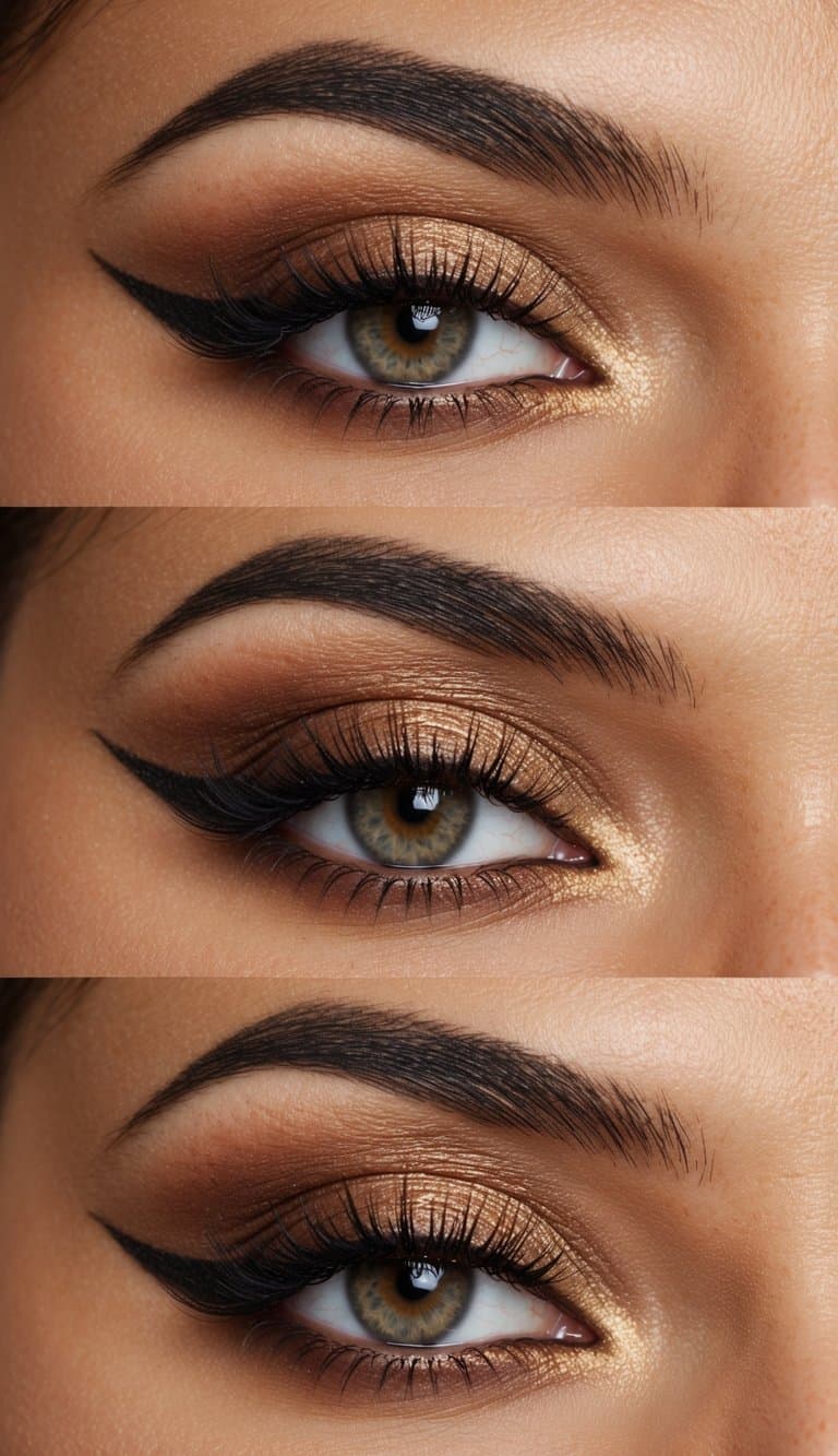 A sleek and elegant makeup palette with warm brown tones and shimmering accents, arranged in an artistic display