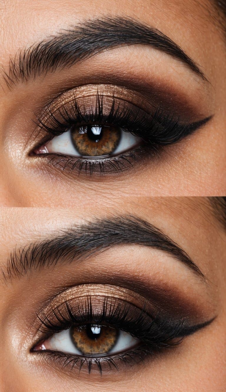 A close-up of a glamorous eye with a chic and sophisticated brown-toned smokey makeup look