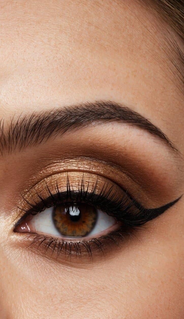 A close-up of a chestnut ombre winged eye makeup look with a glamorous brown smokey eye and sophisticated eyeliner