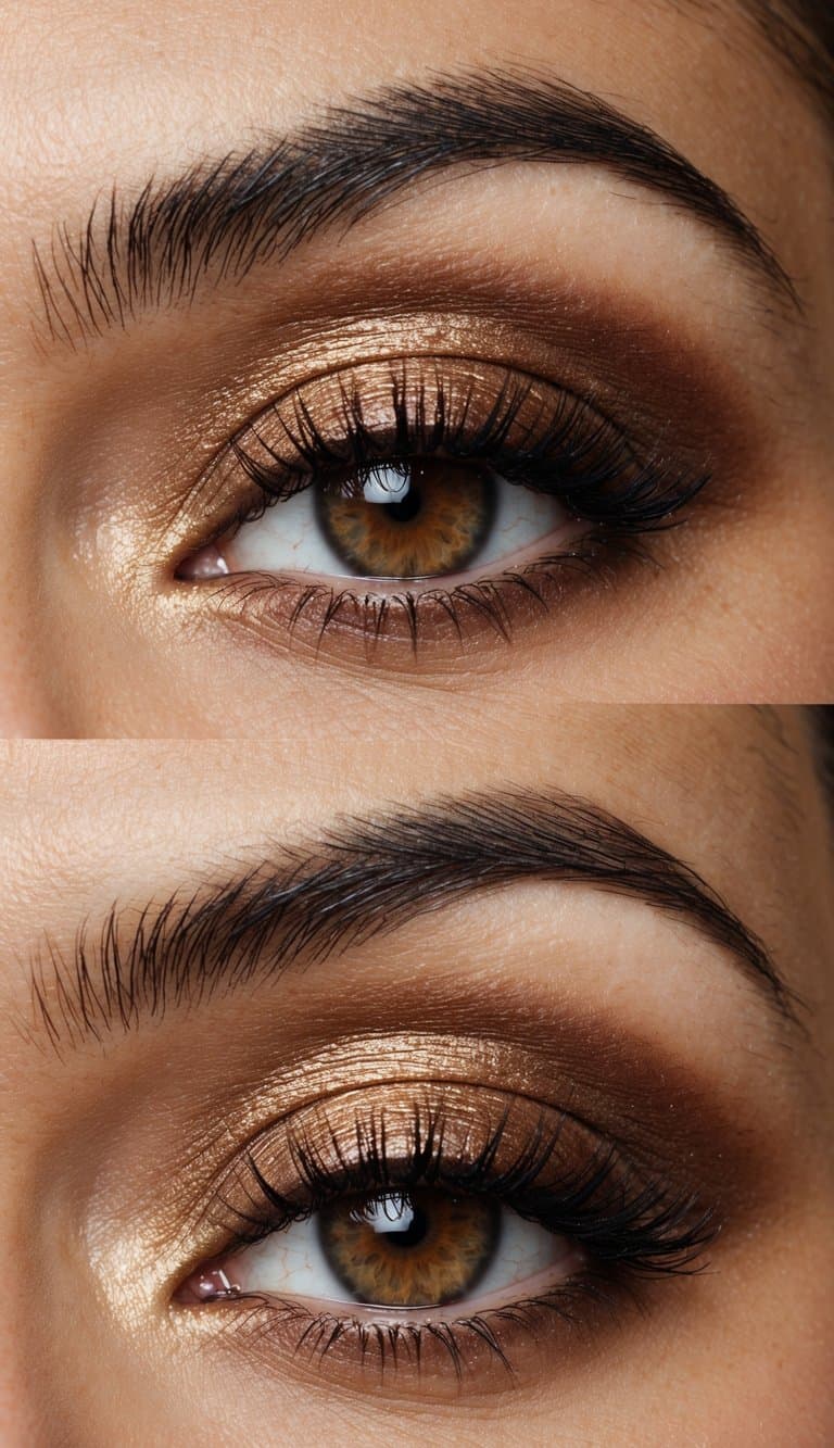 A close-up of a glamorous eye with a blend of bronze and maple brown eyeshadow, creating a chic and sophisticated smokey eye look
