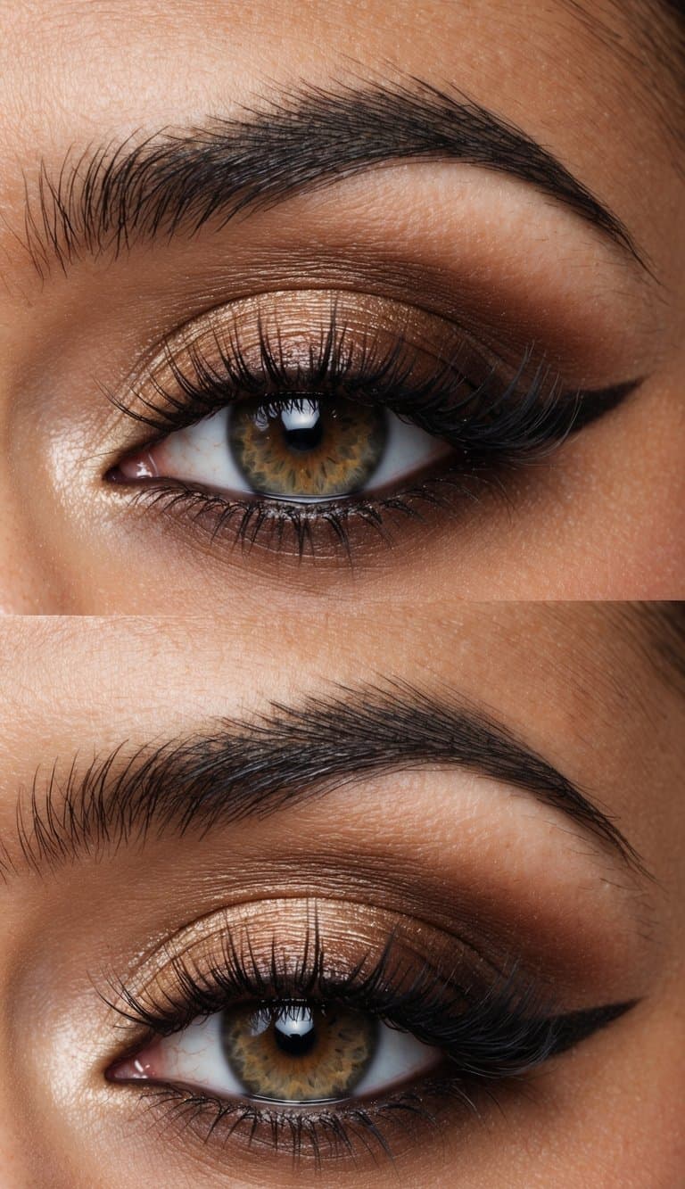 A close-up of a glamorous eye with a vanilla bean pop brown-toned smokey makeup look