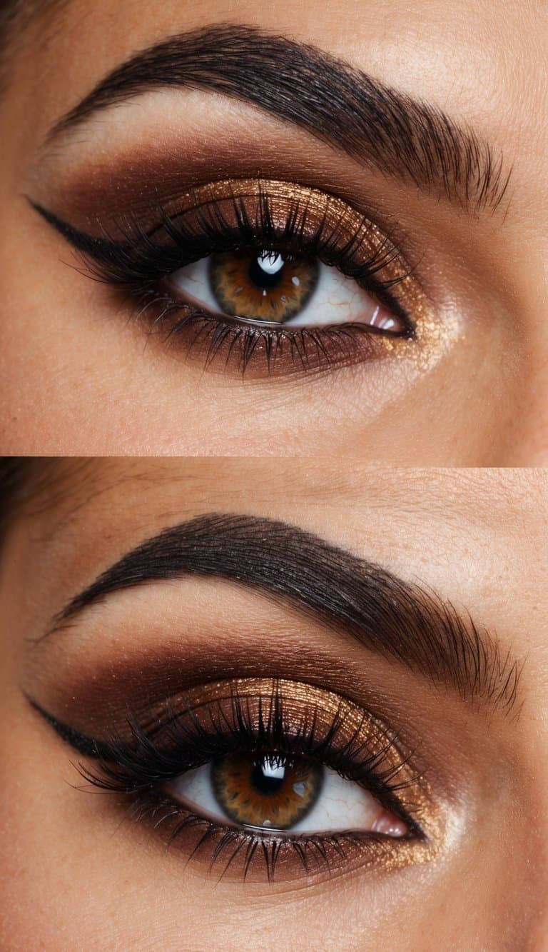 A close-up of a glamorous, brown-toned smokey eye makeup look with autumnal hues